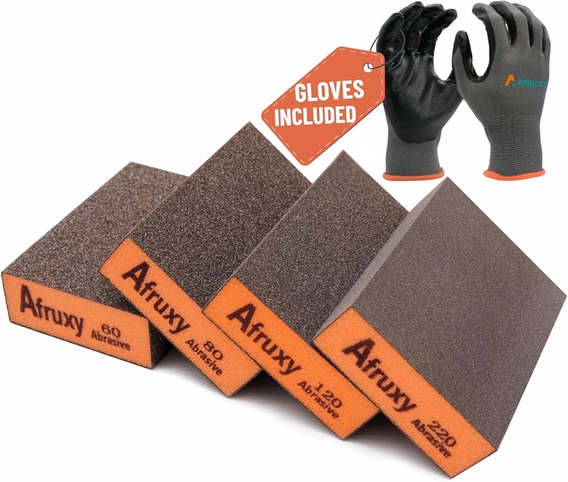 Afruxy Professional-Grade Sanding Sponge 4-Pack with Gloves – 60/80/120/220 Grit, Wet Dry Hand Sander, Sand Paper Brick for Drywall Sanding, Wood Sanding - Image 1